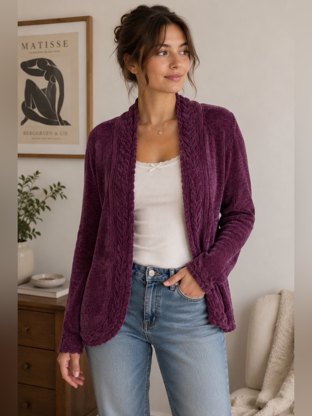 Northern Reflections Deep Purple Open Front Cardigan Size XS Cozy Knit Classic